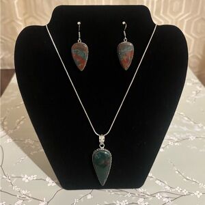 Bloodstone sterling silver necklace and earrings